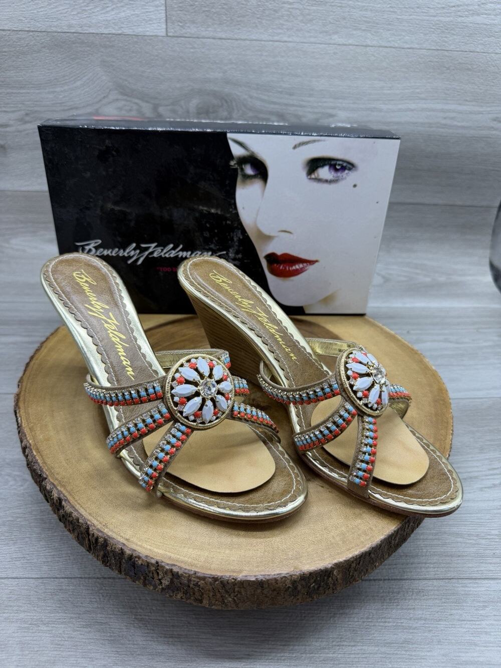 Beverly Feldman wedge sandals heels size 9 Hollywood Gold Western Boho beaded